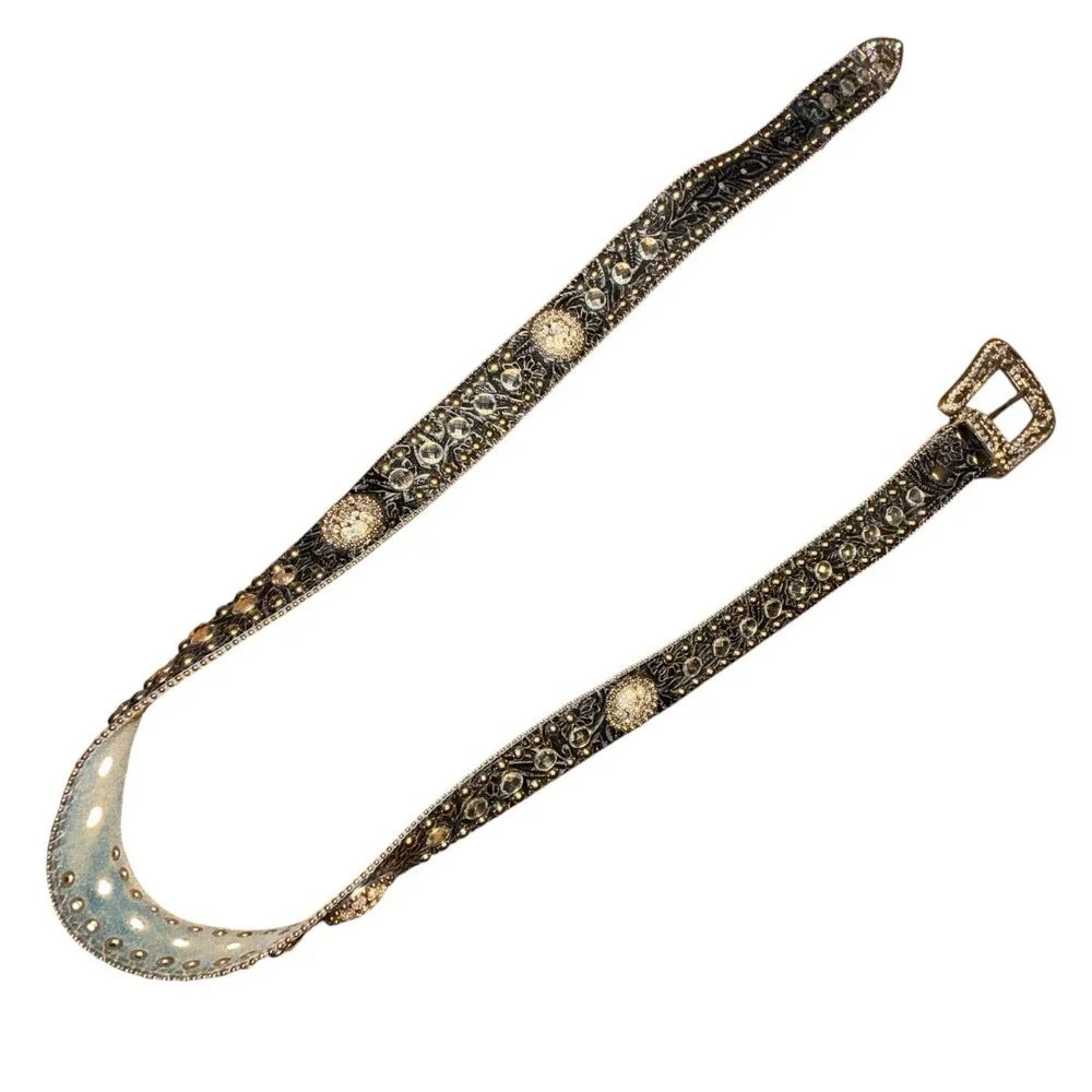 Genuine Leather & Rhinestone Belt Women's XL Y2K Punk Western Bling